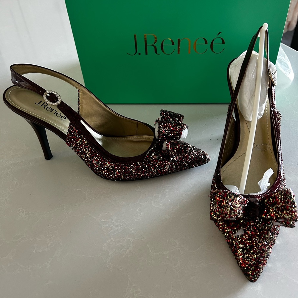 J.Renee Glitter Bow Slingback Heels - Brown